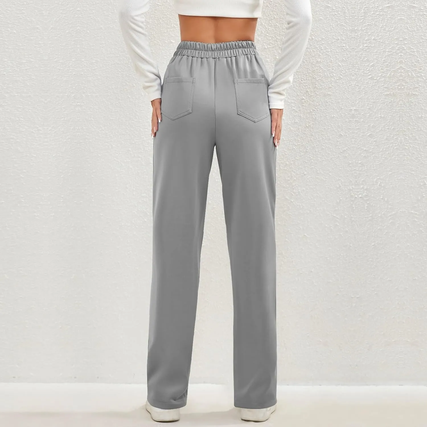 2024 Women's Casual Work Pants High Waisted Wide Leg Office Pants Stretchy Button Down Trousers with Multiple Pockets