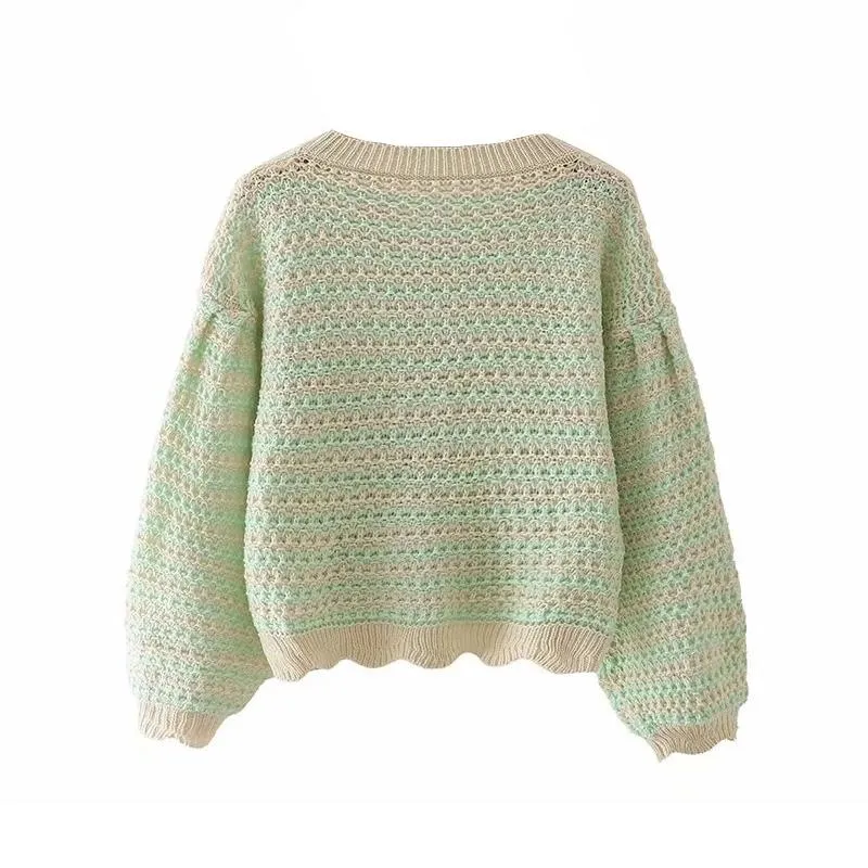 3/4 Sleeve Green Striped Knitted Cardigans and Shorts Two-piece