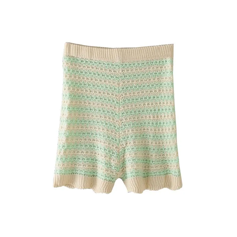 3/4 Sleeve Green Striped Knitted Cardigans and Shorts Two-piece