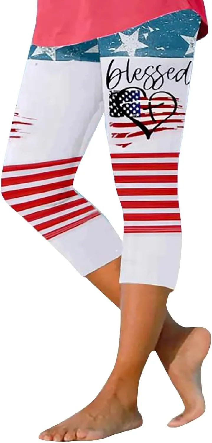 4th of July Capri Leggings for Women 2025 Summer High Waist Pant Tummy Control Knee Length Slim Fit Yoga Cropped Trouser