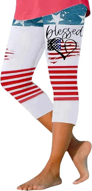 4th of July Capri Leggings for Women 2025 Summer High Waist Pant Tummy Control Knee Length Slim Fit Yoga Cropped Trouser