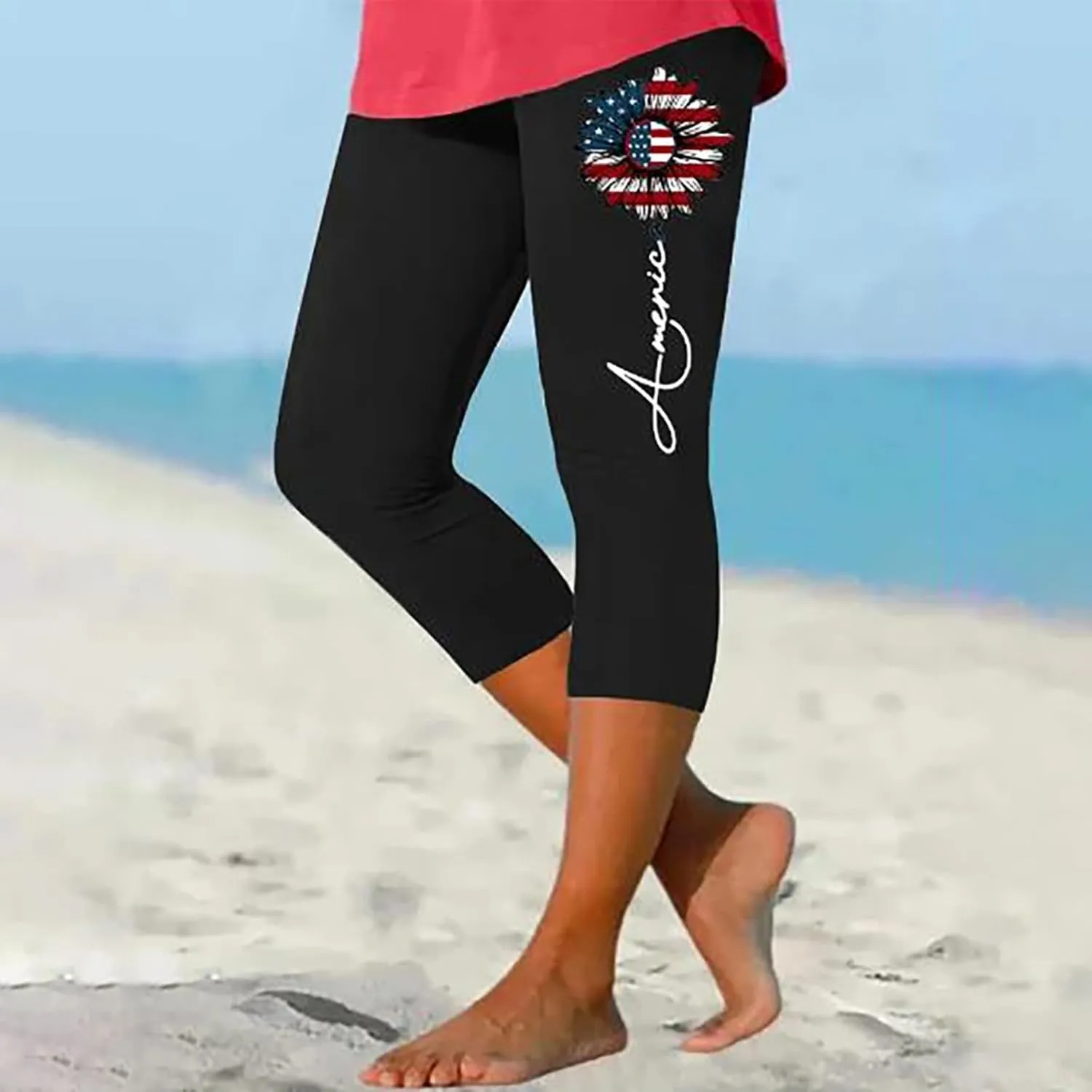 4th of July Capri Leggings for Women 2025 Summer High Waist Pant Tummy Control Knee Length Slim Fit Yoga Cropped Trouser