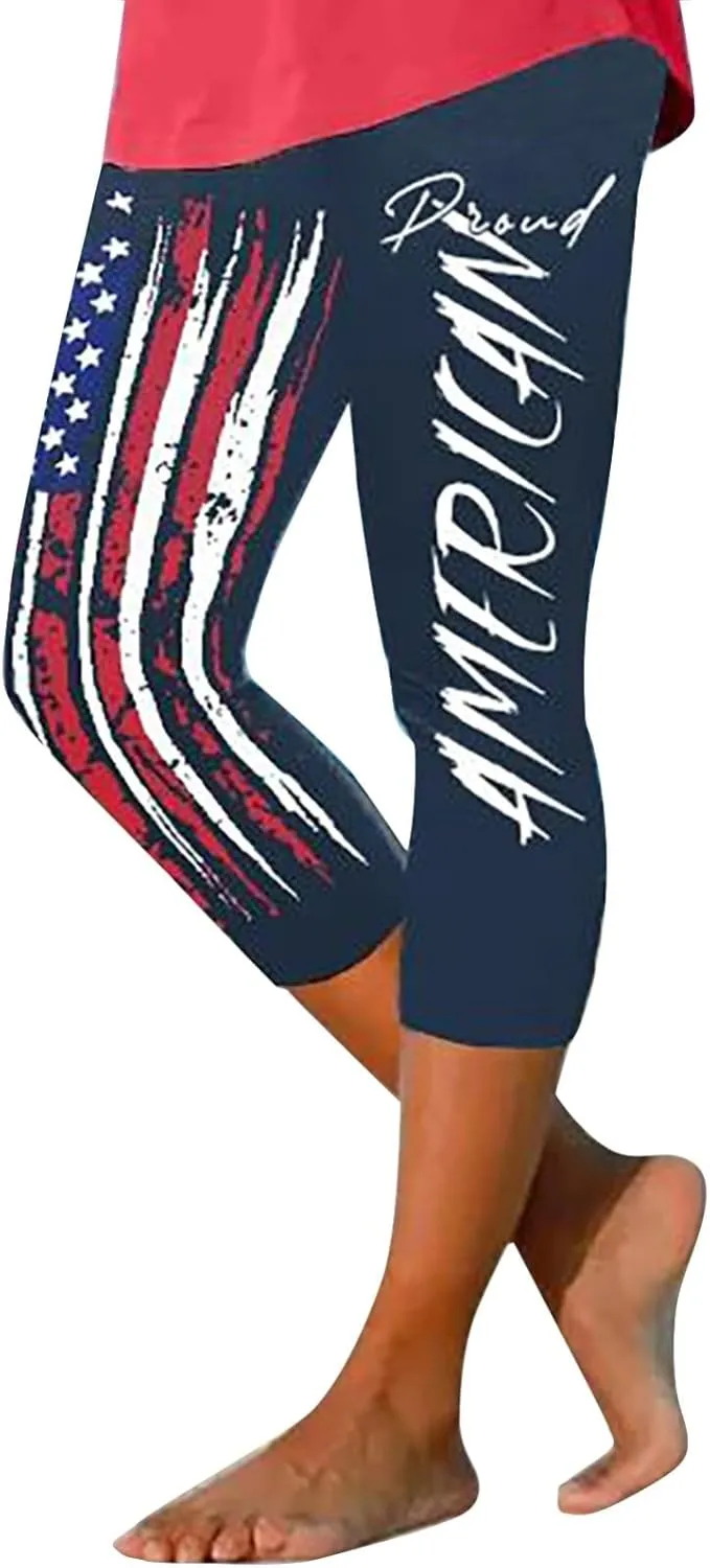4th of July Capri Leggings for Women American Flag Patterned Patriotic Pants High Waist Workout Yoga Leggings