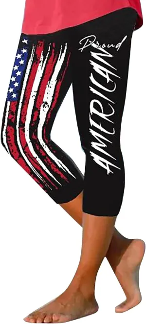 4th of July Capri Leggings for Women American Flag Patterned Patriotic Pants High Waist Workout Yoga Leggings