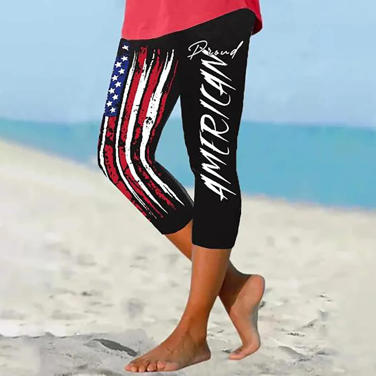 4th of July Capri Leggings for Women American Flag Patterned Patriotic Pants High Waist Workout Yoga Leggings