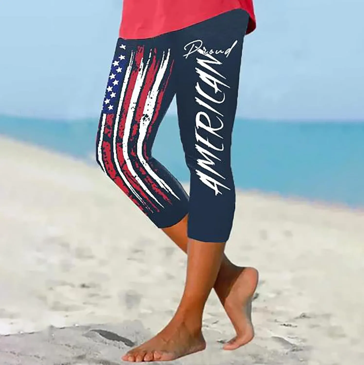 4th of July Capri Leggings for Women American Flag Patterned Patriotic Pants High Waist Workout Yoga Leggings