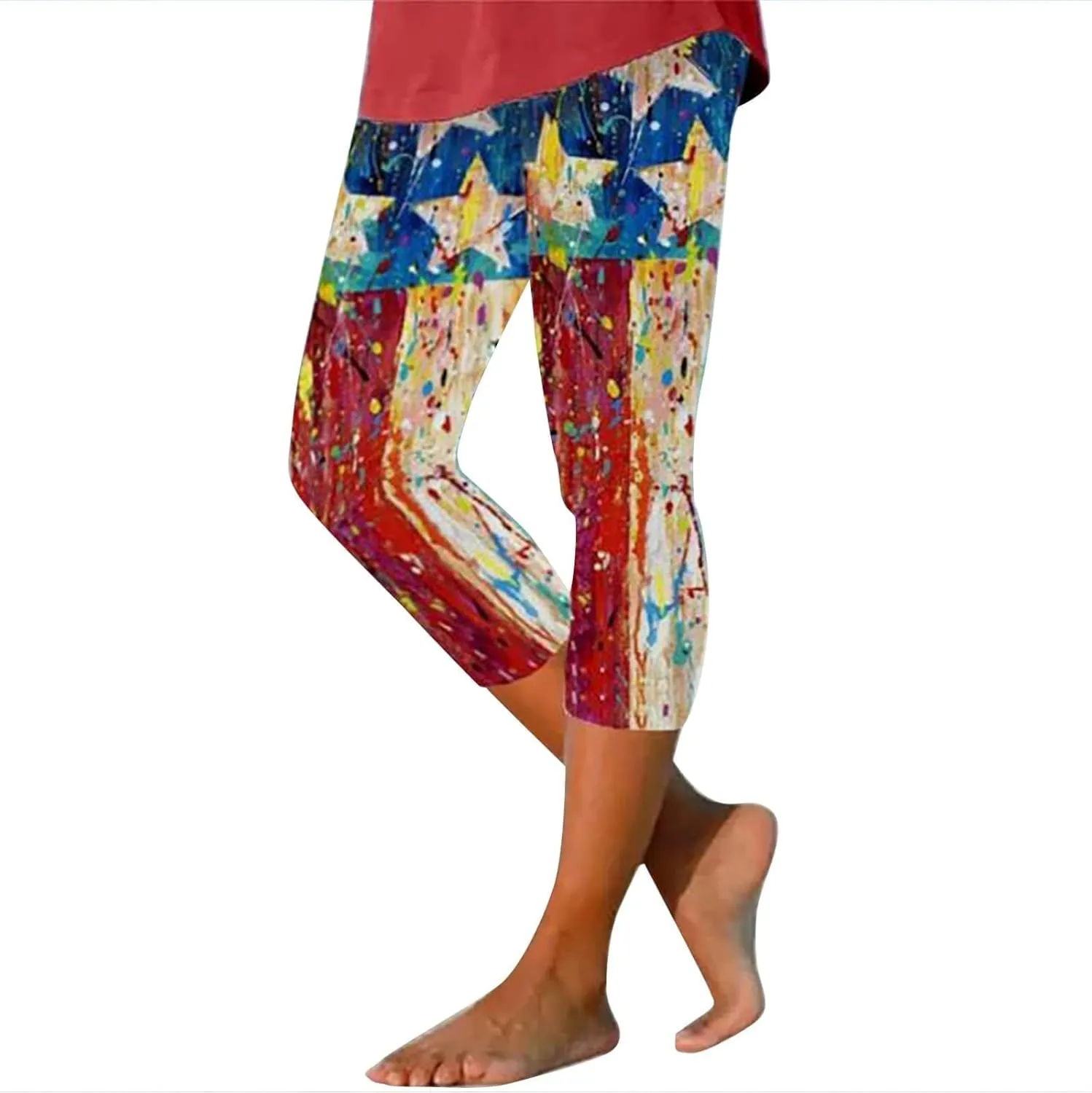4th of July Capri Leggings for Women American Flag Patterned Patriotic Pants High Waist Workout Yoga Leggings