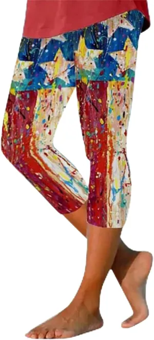 4th of July Capri Leggings for Women American Flag Patterned Patriotic Pants High Waist Workout Yoga Leggings