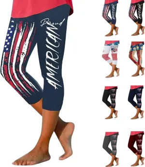 4th of July Capri Leggings for Women American Flag Patterned Patriotic Pants High Waist Workout Yoga Leggings