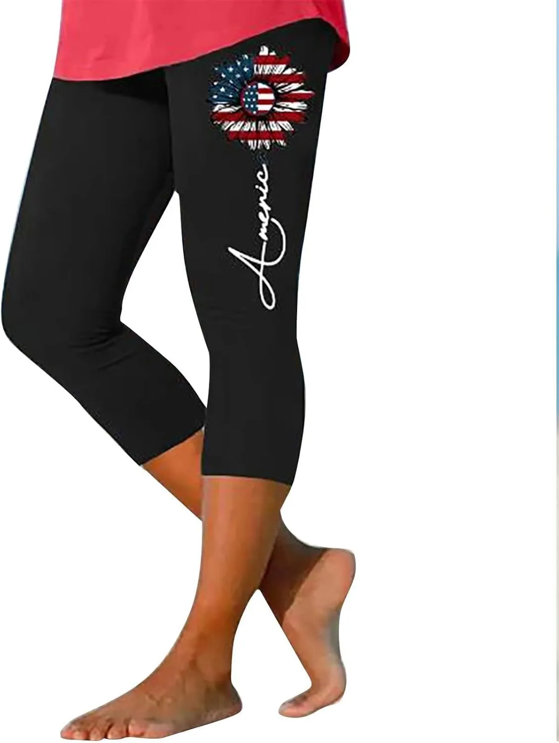 4th of July Capri Leggings for Women Plus Size Summer High Waist American Flag Yoga Pants Patriotic Cropped Trousers