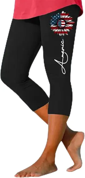 4th of July Capri Leggings for Women Plus Size Summer High Waist American Flag Yoga Pants Patriotic Cropped Trousers