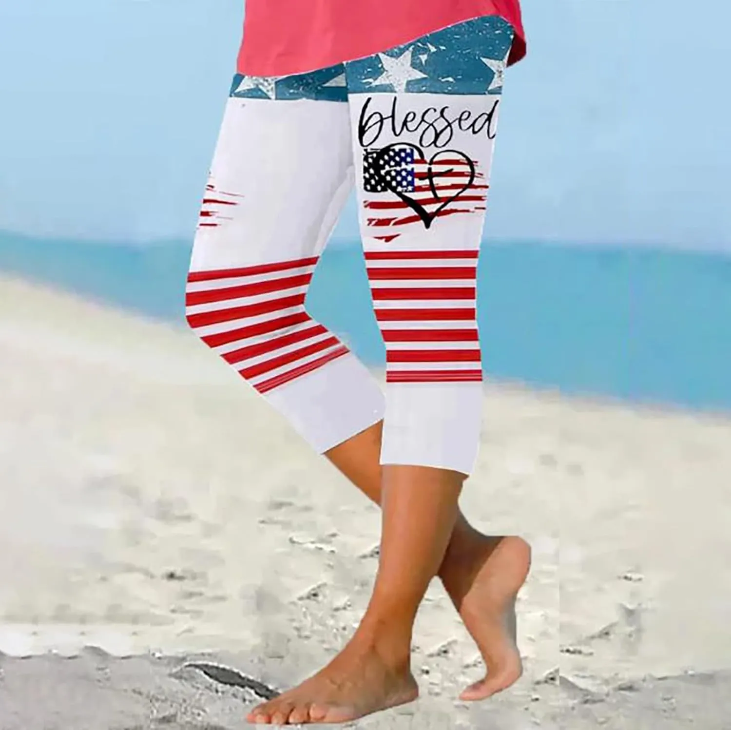 4th of July Capri Leggings for Women Summer High Waist Capris Pant Tummy Control Knee Length Slim Fit Yoga Cropped Trouser