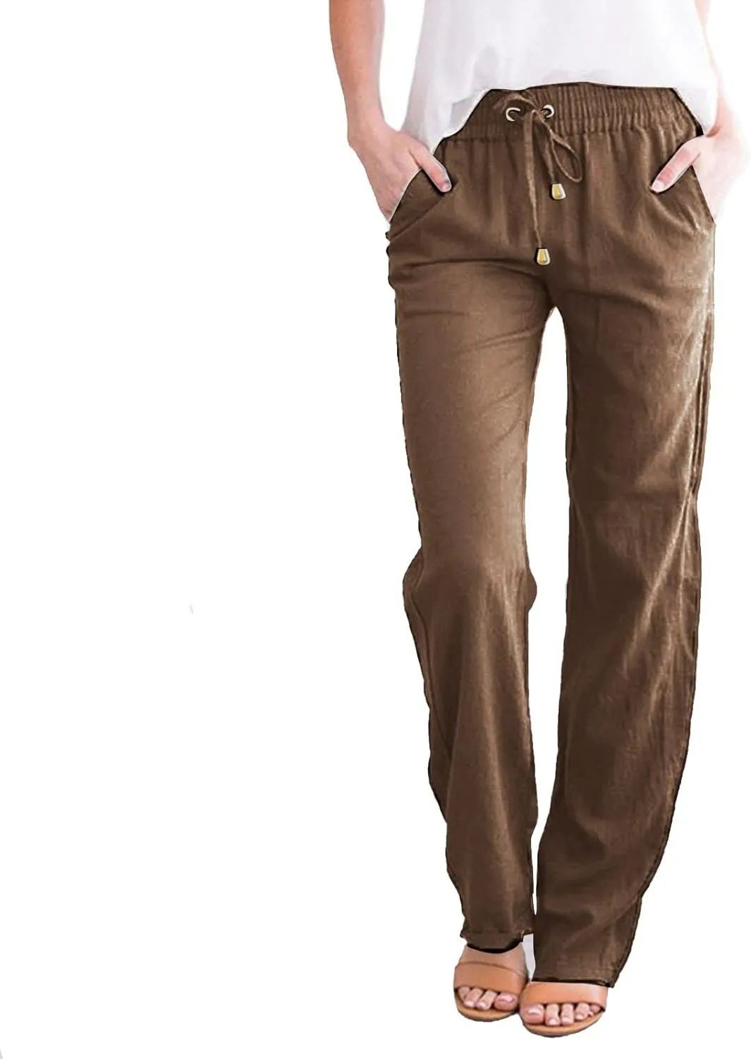 aihihe Linen Pants for Women Casual Summer Drawstring Elastic High Waist Yoga Pants Loose Fit Comfy Straight Leg Palazzo Pant