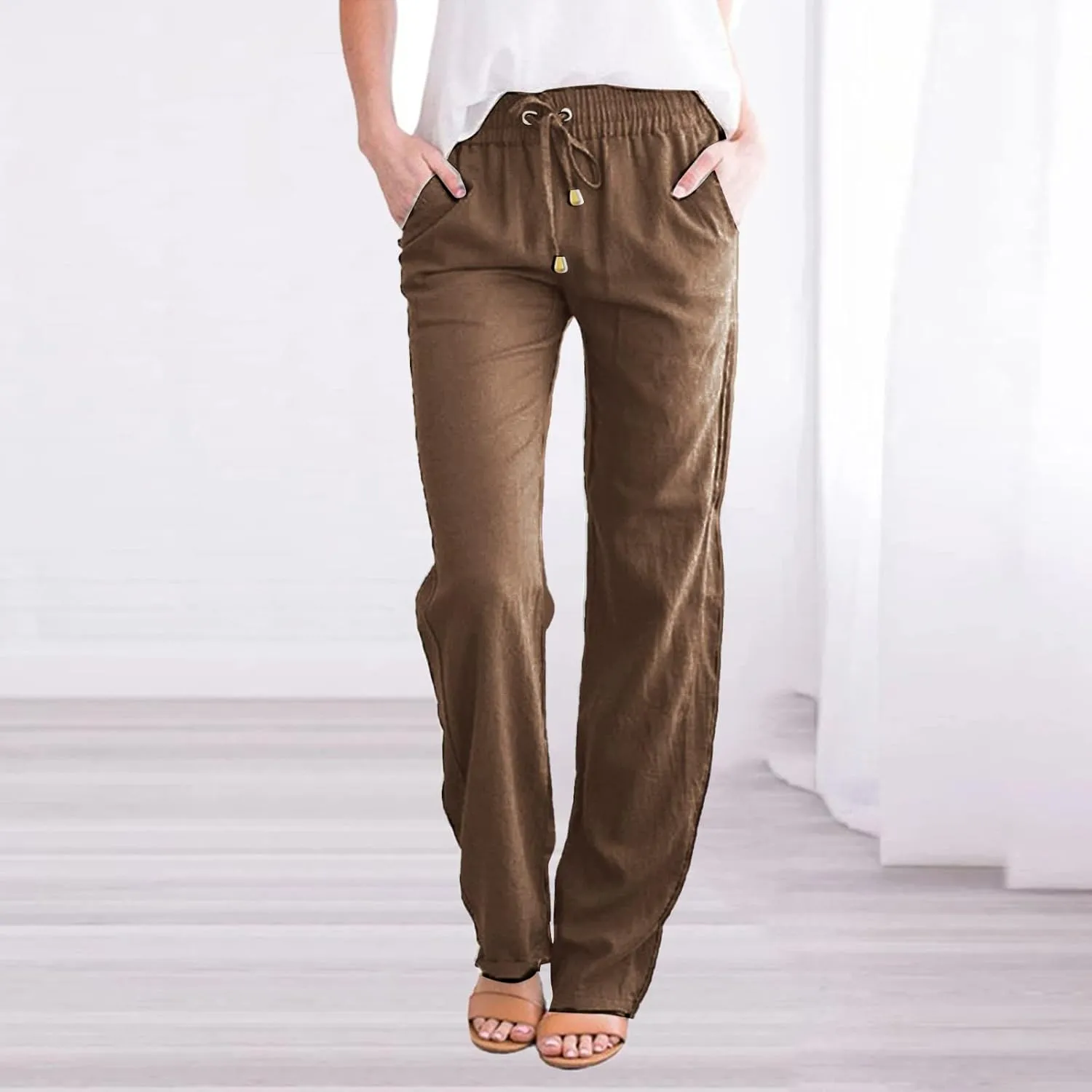 aihihe Linen Pants for Women Casual Summer Drawstring Elastic High Waist Yoga Pants Loose Fit Comfy Straight Leg Palazzo Pant