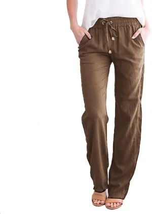 aihihe Linen Pants for Women Casual Summer Drawstring Elastic High Waist Yoga Pants Loose Fit Comfy Straight Leg Palazzo Pant