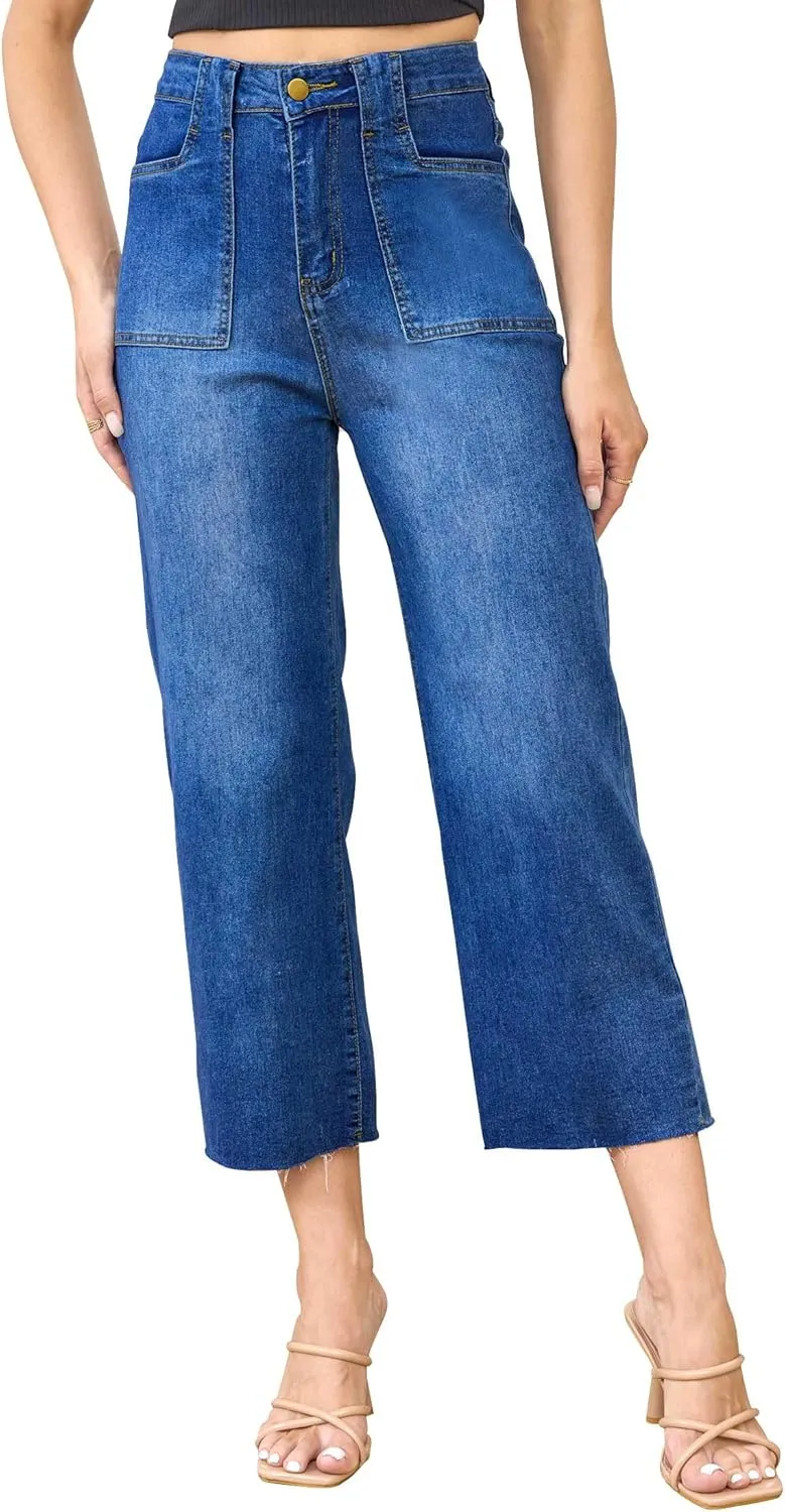 ALLABREVE Wide Leg Jeans for Women High Waisted Stretchy Denim Capri Pants Hem Cropped Baggy Straight Leg Jeans with Pocket