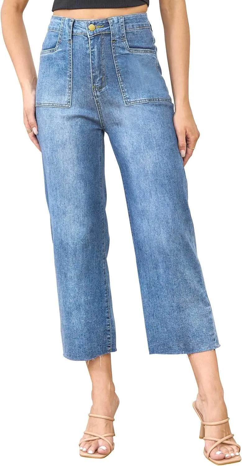 ALLABREVE Wide Leg Jeans for Women High Waisted Stretchy Denim Capri Pants Hem Cropped Baggy Straight Leg Jeans with Pocket