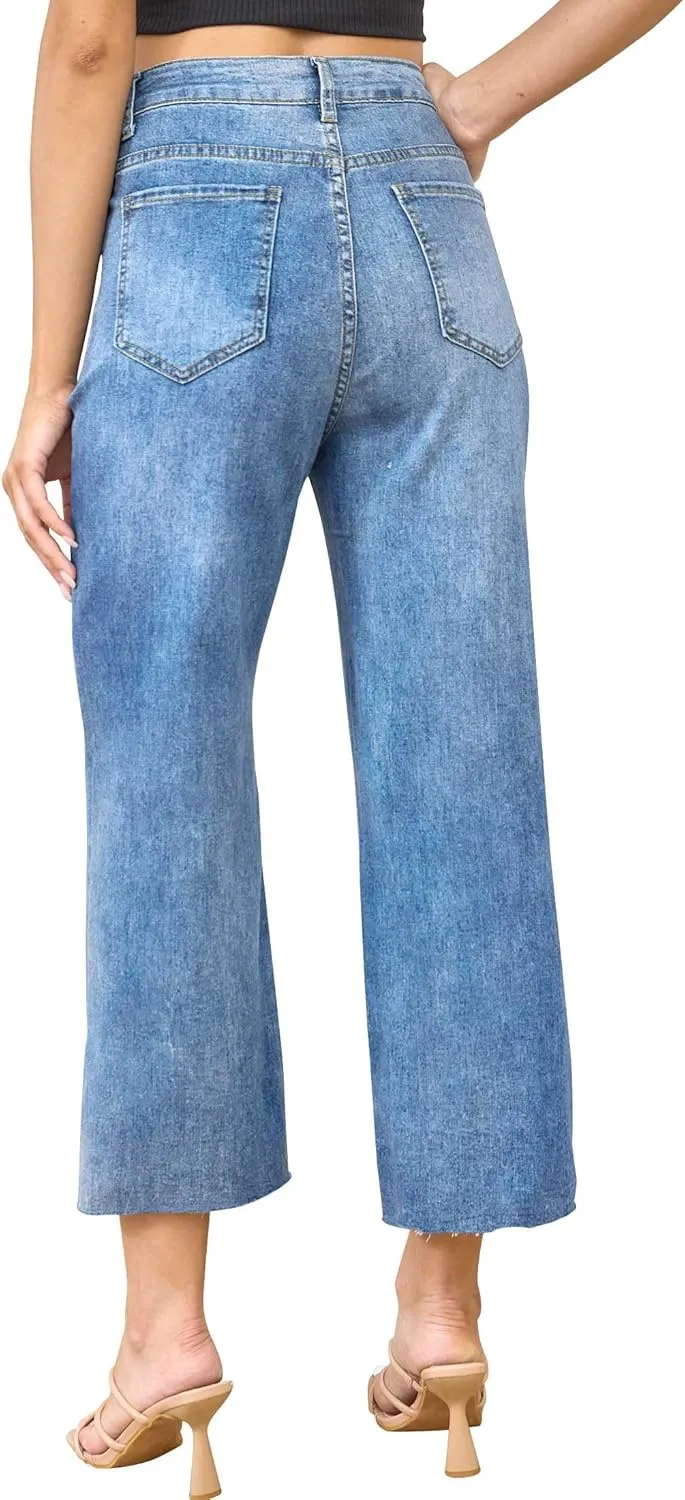 ALLABREVE Wide Leg Jeans for Women High Waisted Stretchy Denim Capri Pants Hem Cropped Baggy Straight Leg Jeans with Pocket