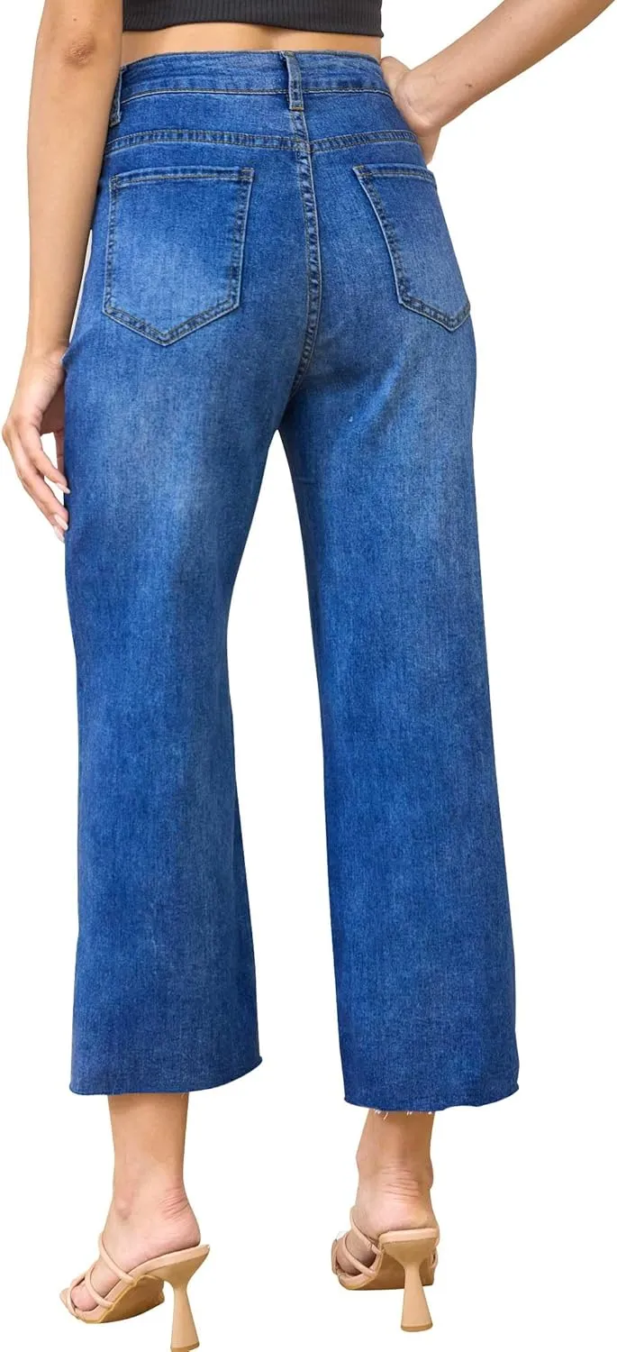 ALLABREVE Wide Leg Jeans for Women High Waisted Stretchy Denim Capri Pants Hem Cropped Baggy Straight Leg Jeans with Pocket
