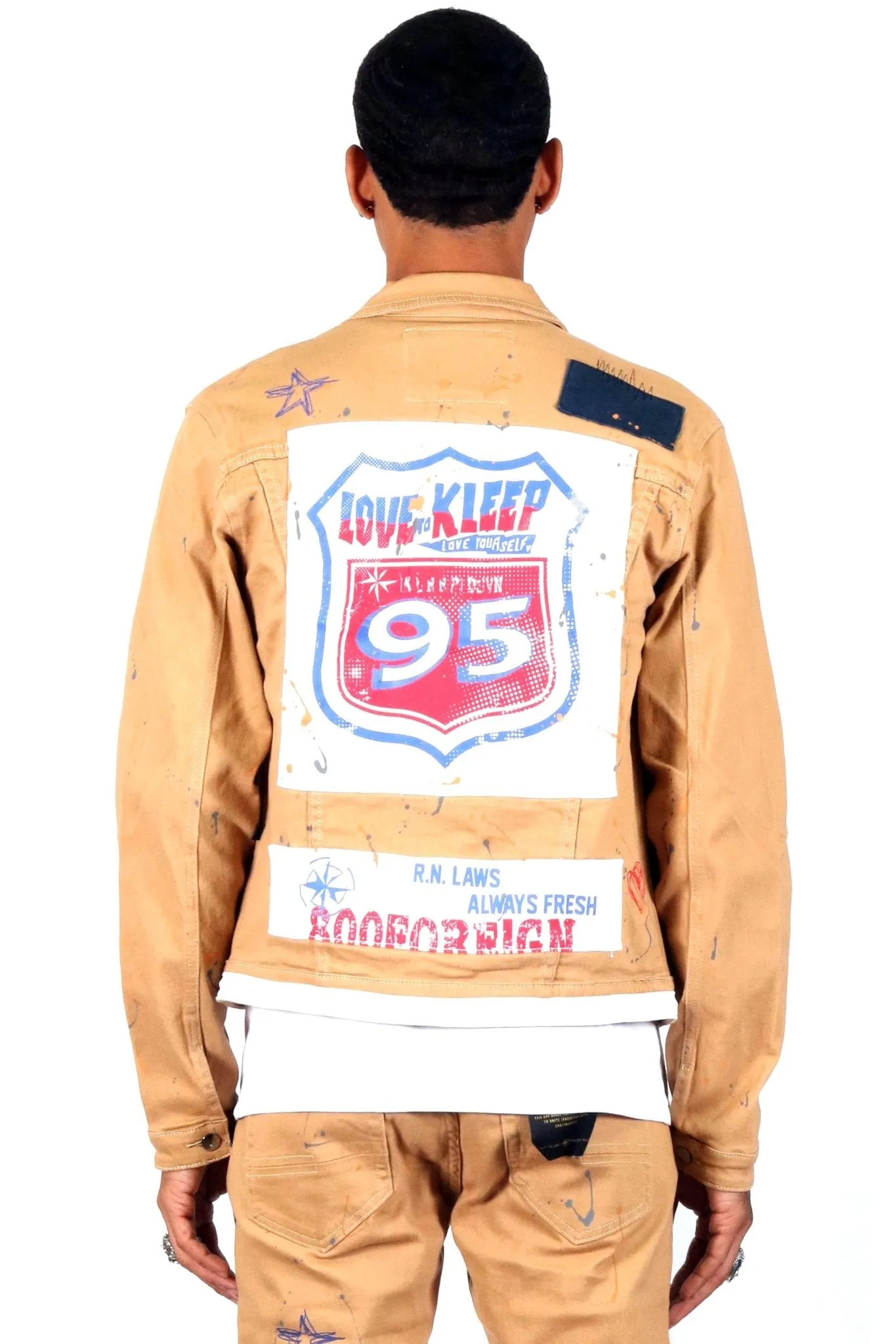 Antelope Men's graphic print patches with cut and sew cotton timber washed stretchable twill jacket