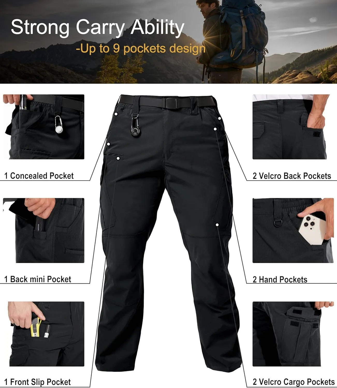 Arunlluta Mens Tactical Pants, Ripstop Water Resistant Cargo Work Pants for Men, Stretch Hiking Pants Lightweight