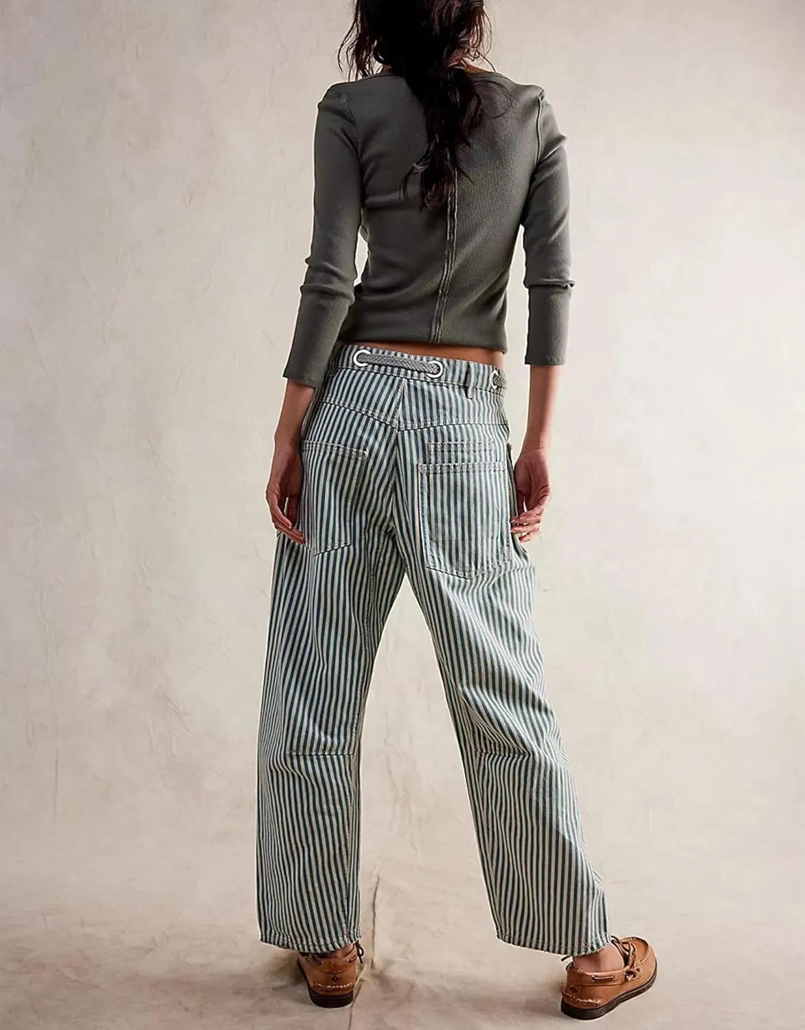 Baggy Barrel Jeans for Women Y2k Striped Drawstring High Waist Straight Wide Leg Boyfriend Jeans Mom Denim Pants