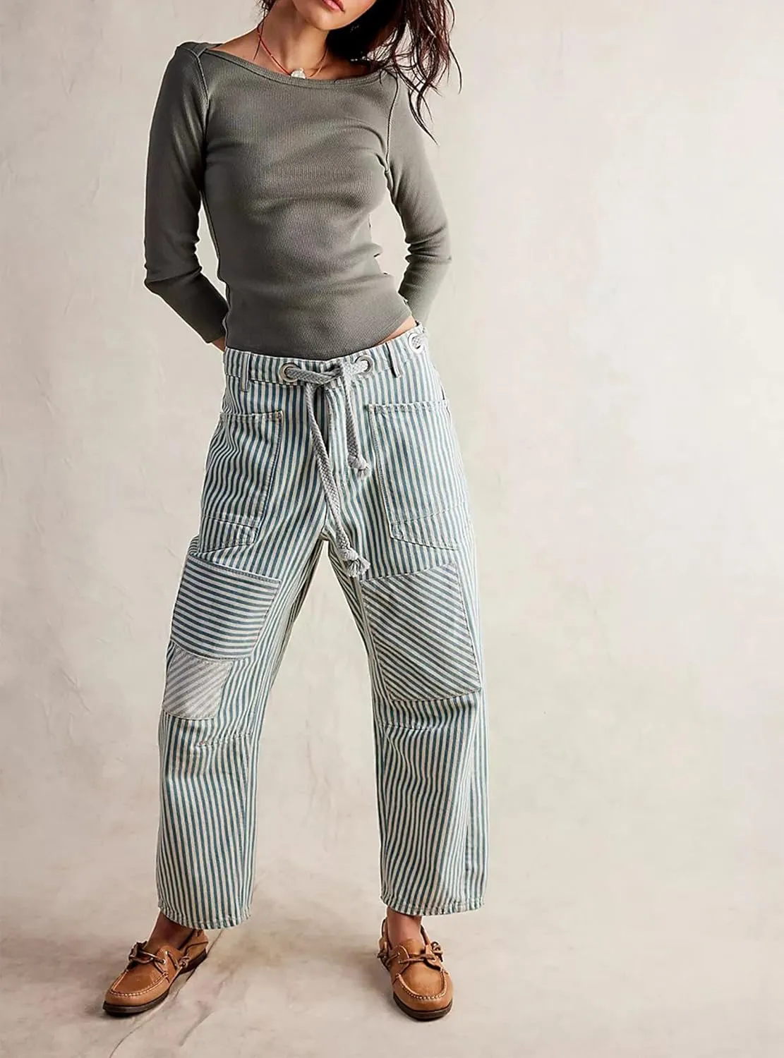 Baggy Barrel Jeans for Women Y2k Striped Drawstring High Waist Straight Wide Leg Boyfriend Jeans Mom Denim Pants
