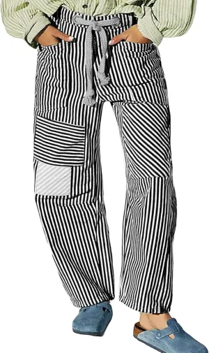 Baggy Barrel Jeans for Women Y2k Striped Drawstring High Waist Straight Wide Leg Boyfriend Jeans Mom Denim Pants