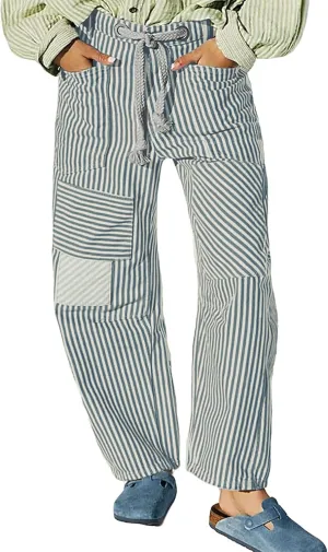 Baggy Barrel Jeans for Women Y2k Striped Drawstring High Waist Straight Wide Leg Boyfriend Jeans Mom Denim Pants