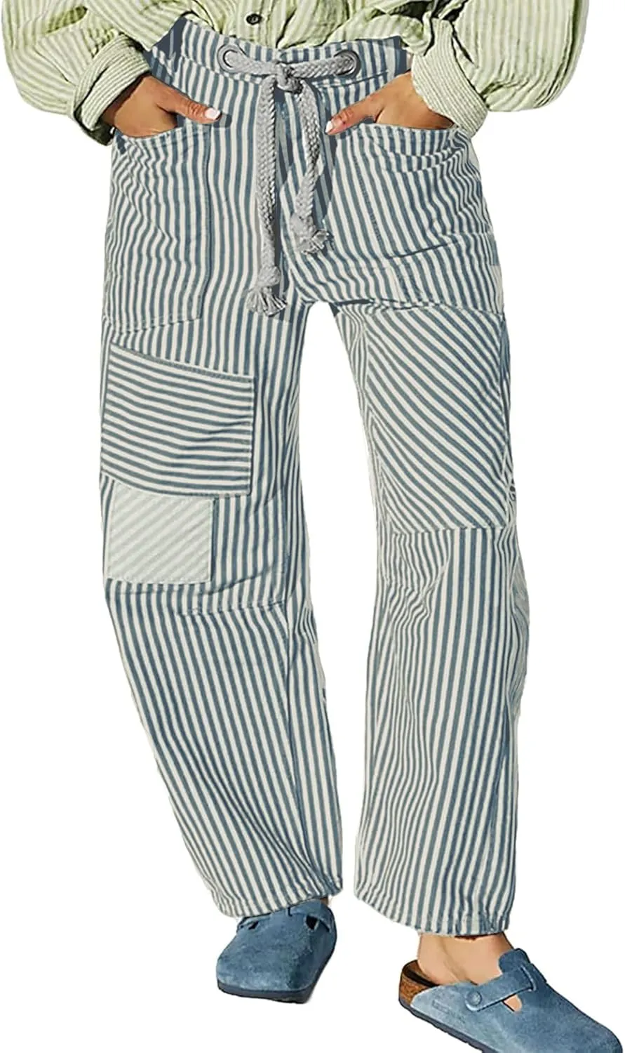 Baggy Barrel Jeans for Women Y2k Striped Drawstring High Waist Straight Wide Leg Boyfriend Jeans Mom Denim Pants