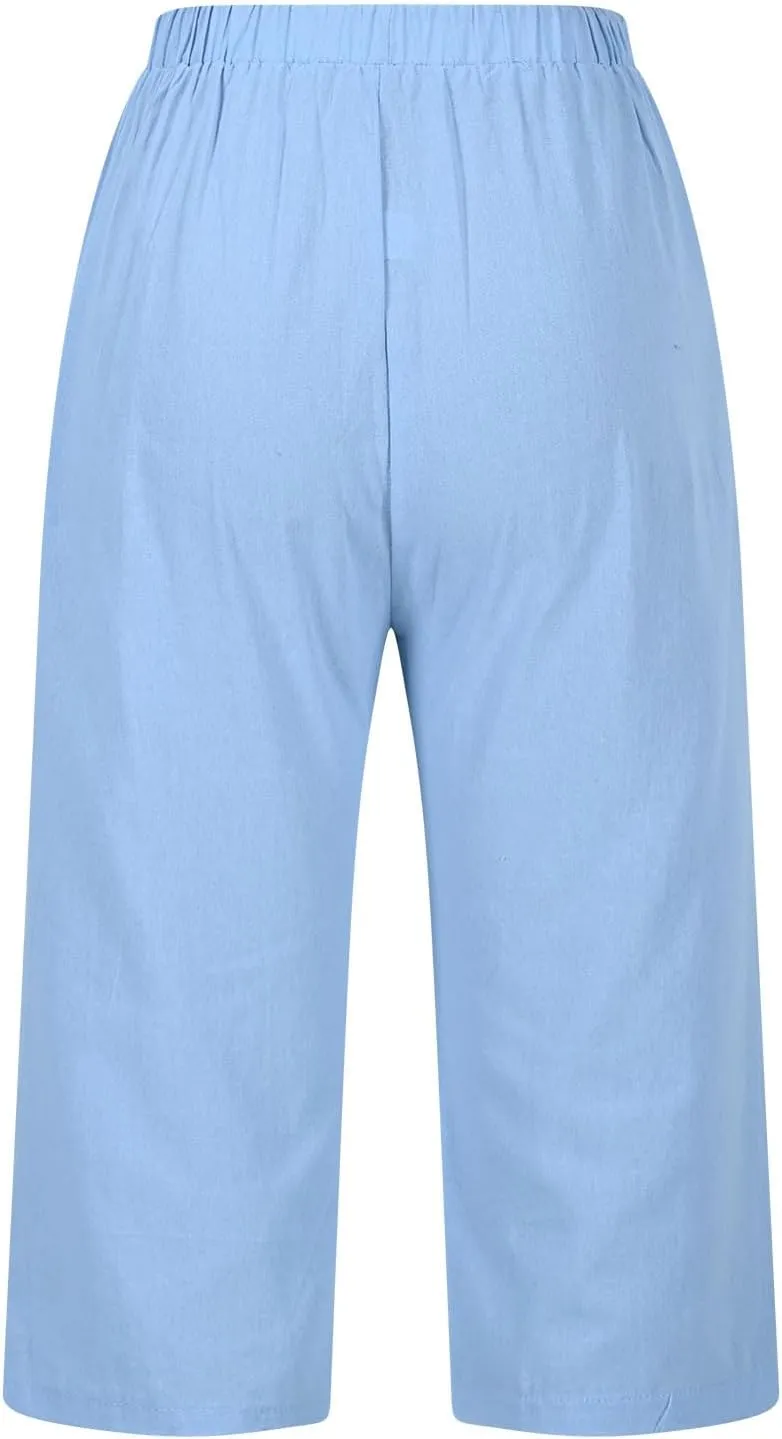 Below Knee Capris for Women Cotton Linen Cropped Pants Summer Casual Elastic High Waisted Harem Trousers with Pockets