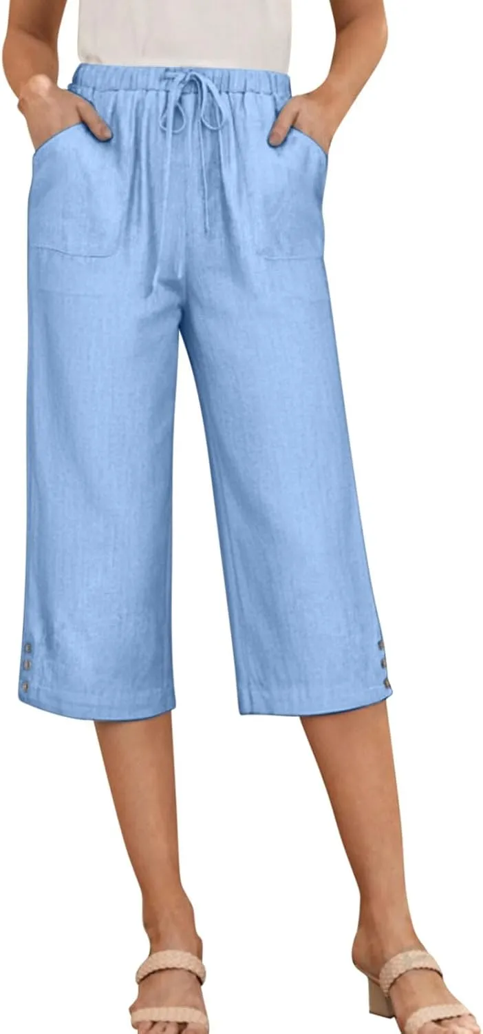 Below Knee Capris for Women Cotton Linen Cropped Pants Summer Casual Elastic High Waisted Harem Trousers with Pockets