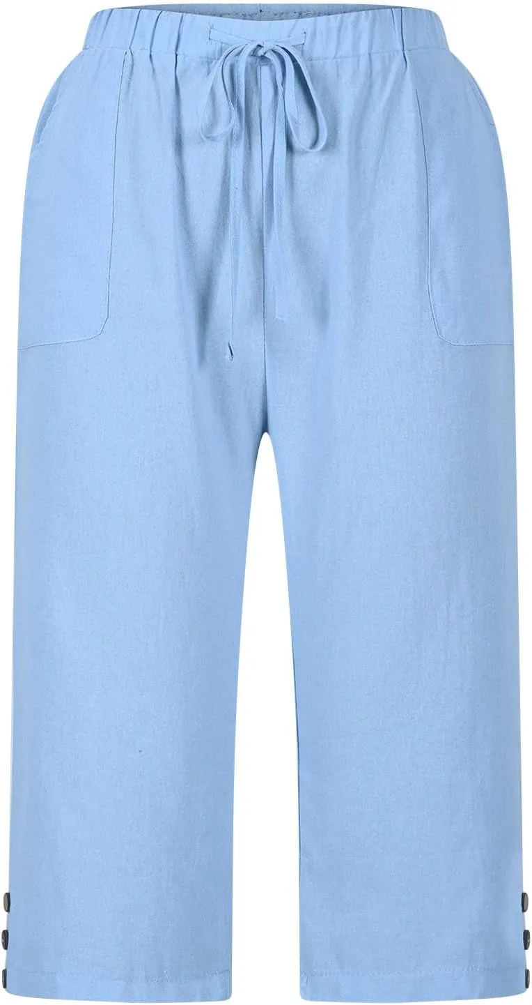 Below Knee Capris for Women Cotton Linen Cropped Pants Summer Casual Elastic High Waisted Harem Trousers with Pockets