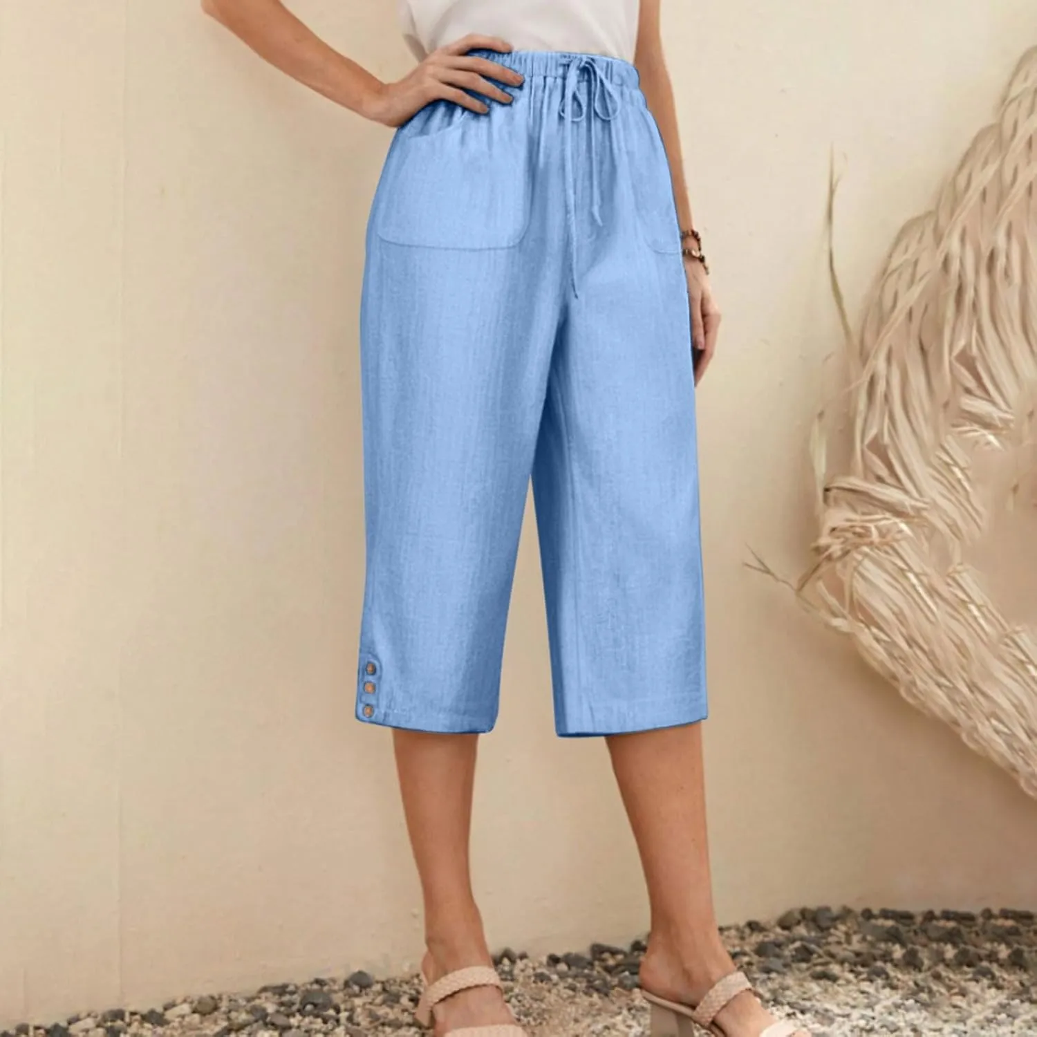 Below Knee Capris for Women Cotton Linen Cropped Pants Summer Casual Elastic High Waisted Harem Trousers with Pockets