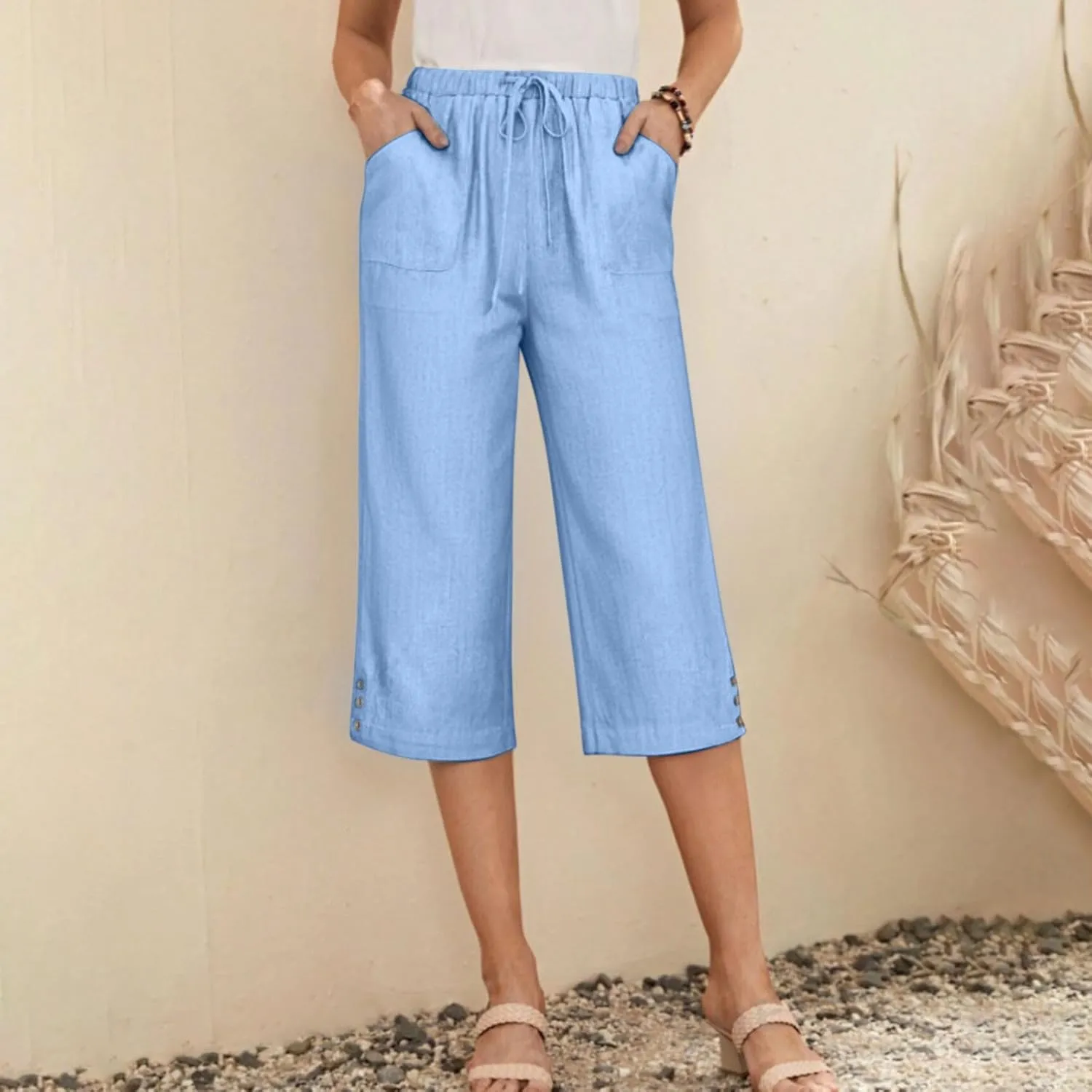 Below Knee Capris for Women Cotton Linen Cropped Pants Summer Casual Elastic High Waisted Harem Trousers with Pockets