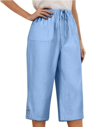 Below Knee Capris for Women Cotton Linen Cropped Pants Summer Casual Elastic High Waisted Harem Trousers with Pockets