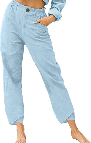 Binmer Summer Casual Linen Capri Pants for Womens Elastic Waist Cropped Comfy Baggy Trousers with Pockets 2024 Fashion