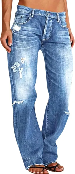 Black Pants for Women Jeans Mid Womens Poket Lace Denim Casual Women's Jeans Straight Leg Denim Pants Womens High