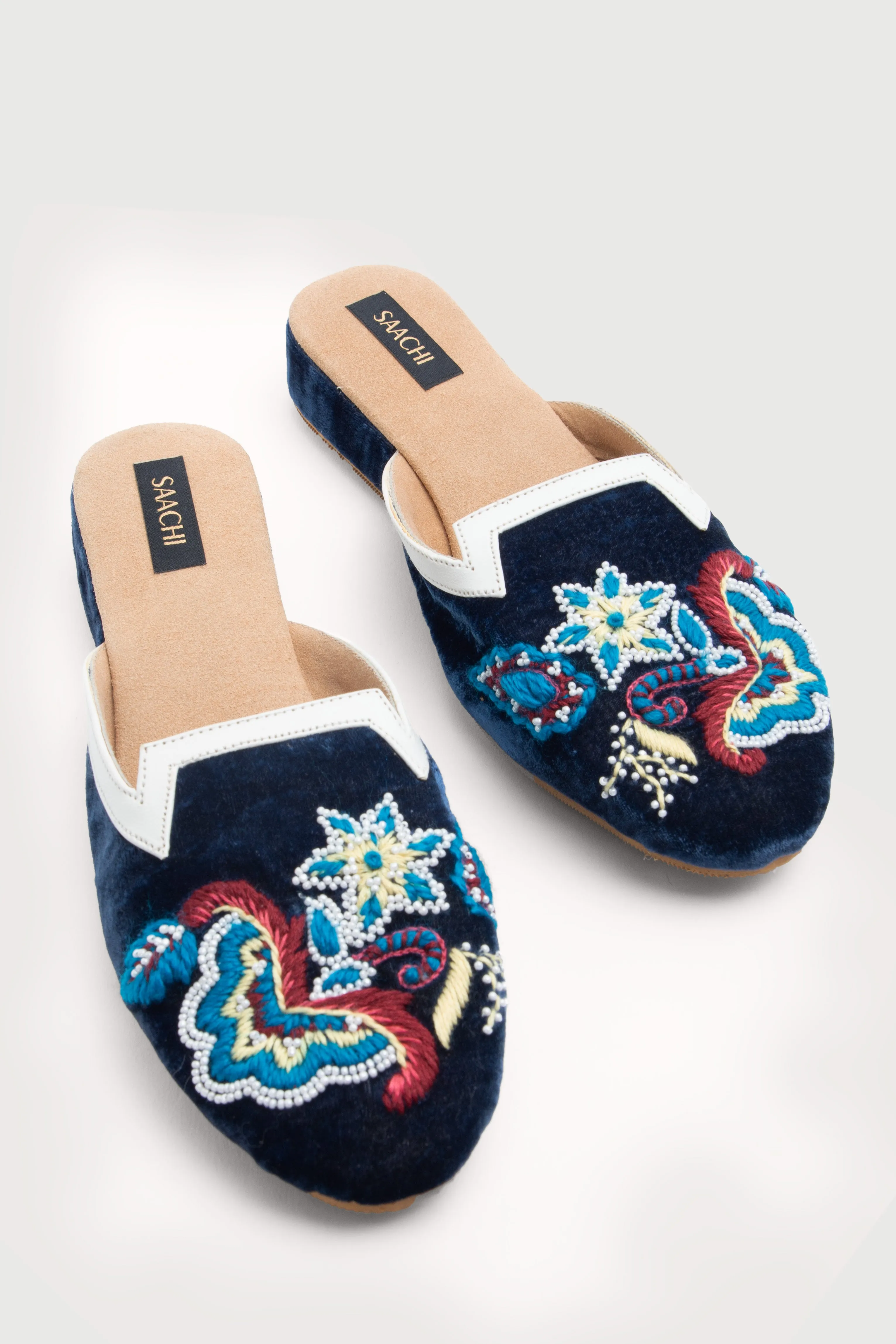 Blue Velvet embroidered slides