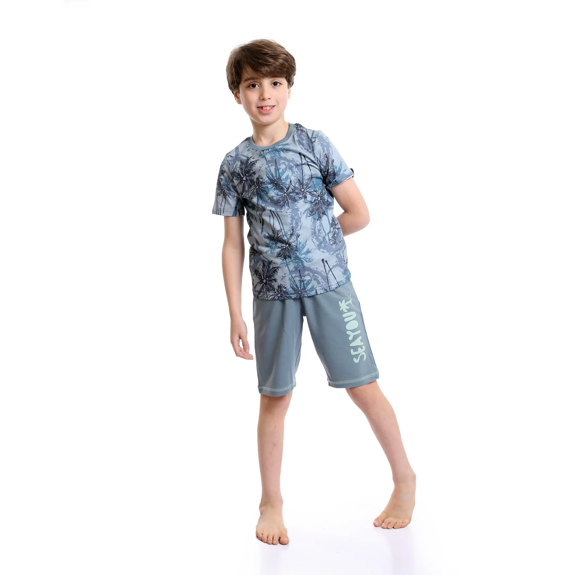 Boys Palm Tree Tee & Shorts Pajama Set - Dusty Blue & Grey