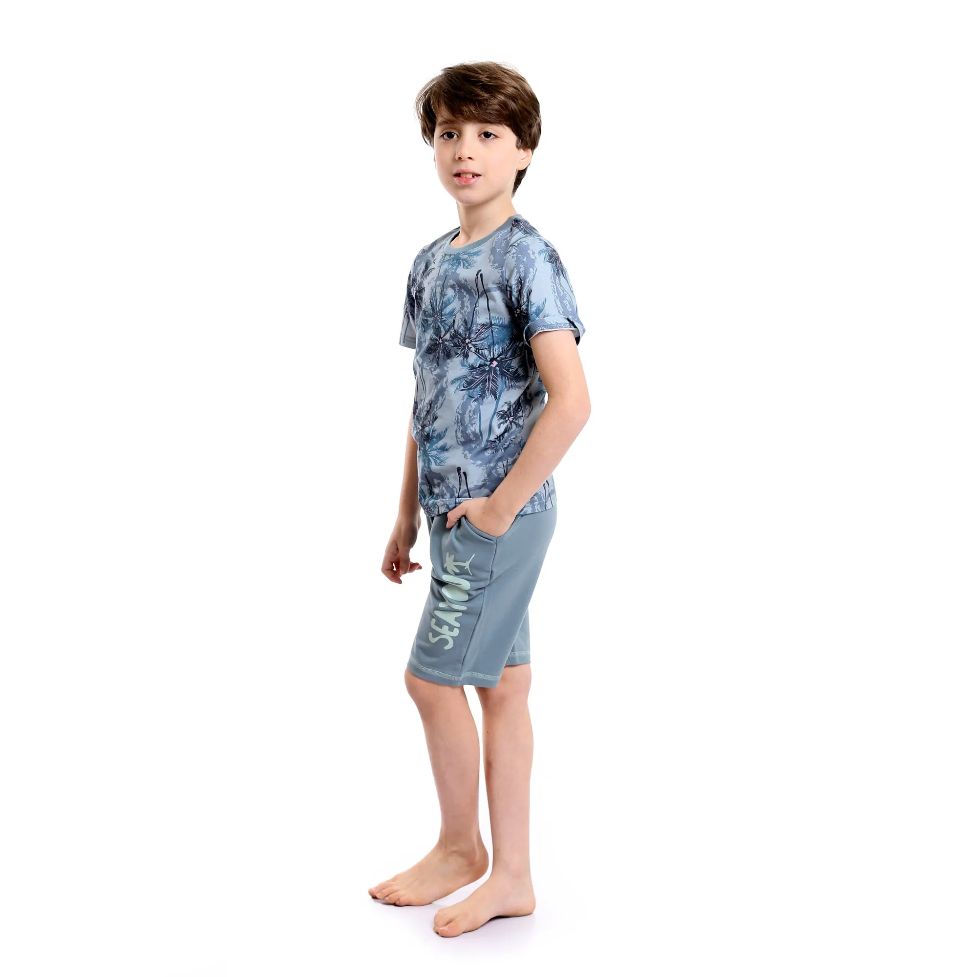 Boys Palm Tree Tee & Shorts Pajama Set - Dusty Blue & Grey