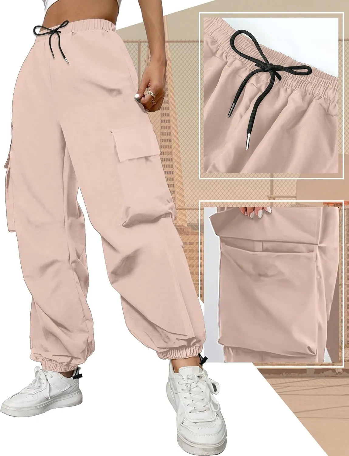 Buauty Womens Cargo Pants, Black Baggy Parachute Pants with Pockets Trendy Cargo Sweatpants Joggers for Women, Y2k Pants