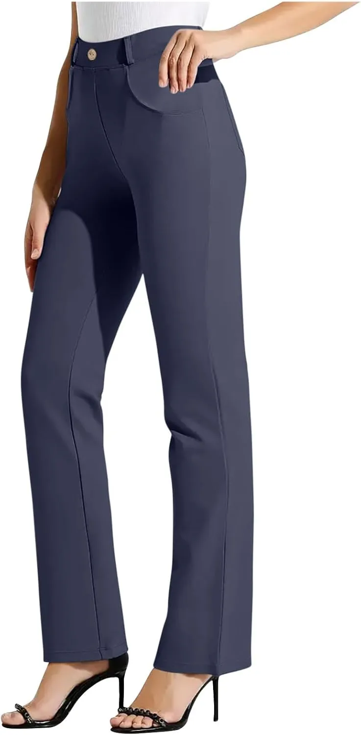 Business Slim Fit Bootcut Yoga Pants Women Tummy Control High Waist Workout Bootleg Pants Dressy Work Trousers with Pockets