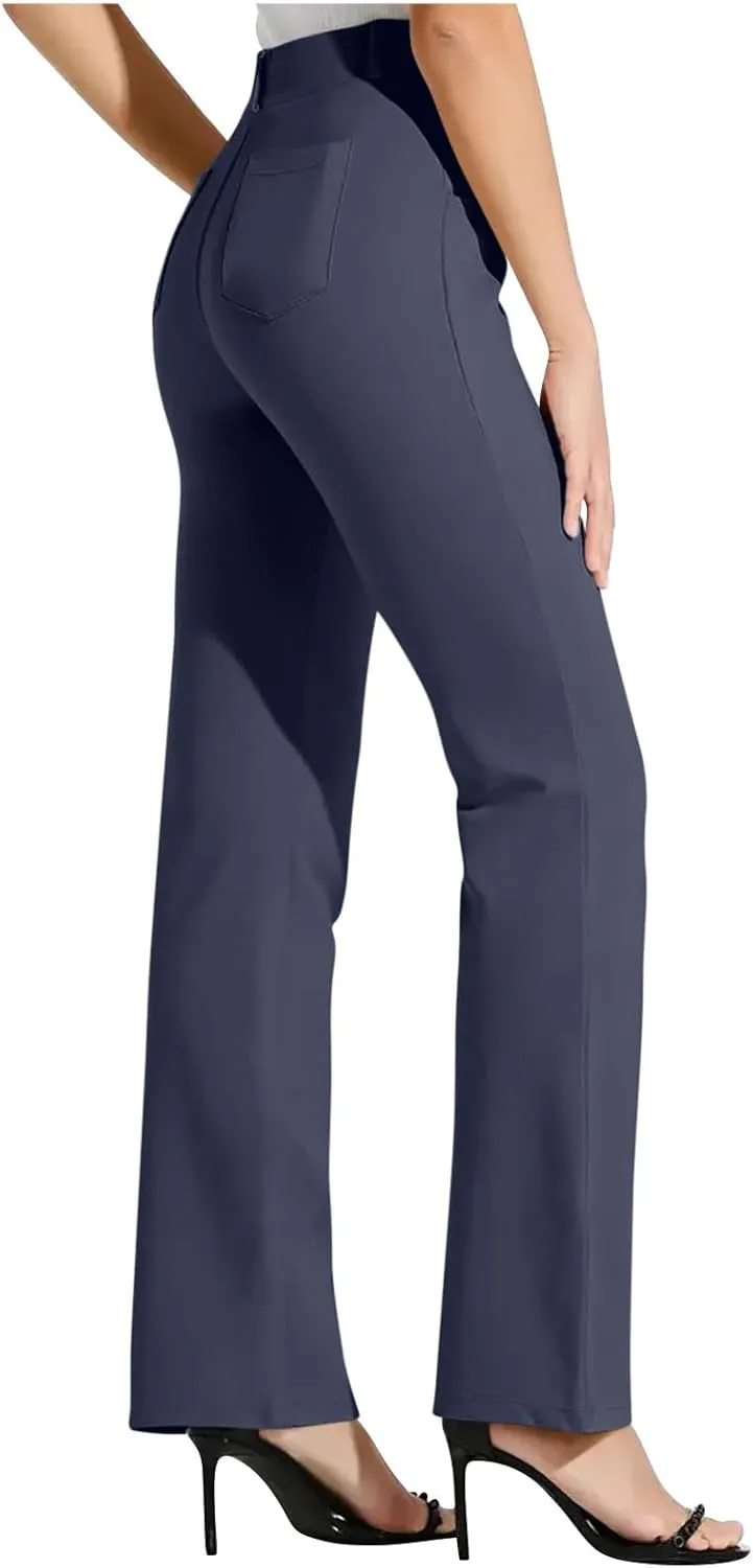 Business Slim Fit Bootcut Yoga Pants Women Tummy Control High Waist Workout Bootleg Pants Dressy Work Trousers with Pockets