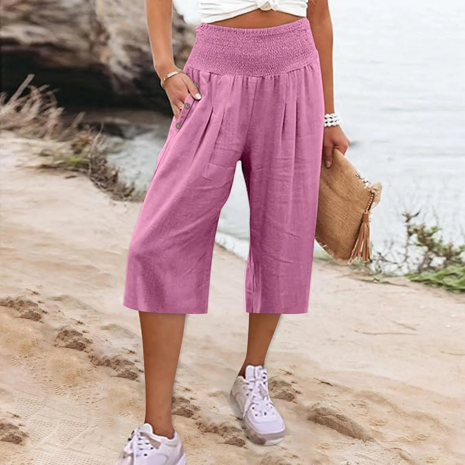 Capri Pants for Women, Wide Leg High Waist with Pockets Tummy Control