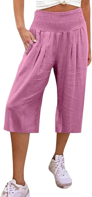 Capri Pants for Women, Wide Leg High Waist with Pockets Tummy Control