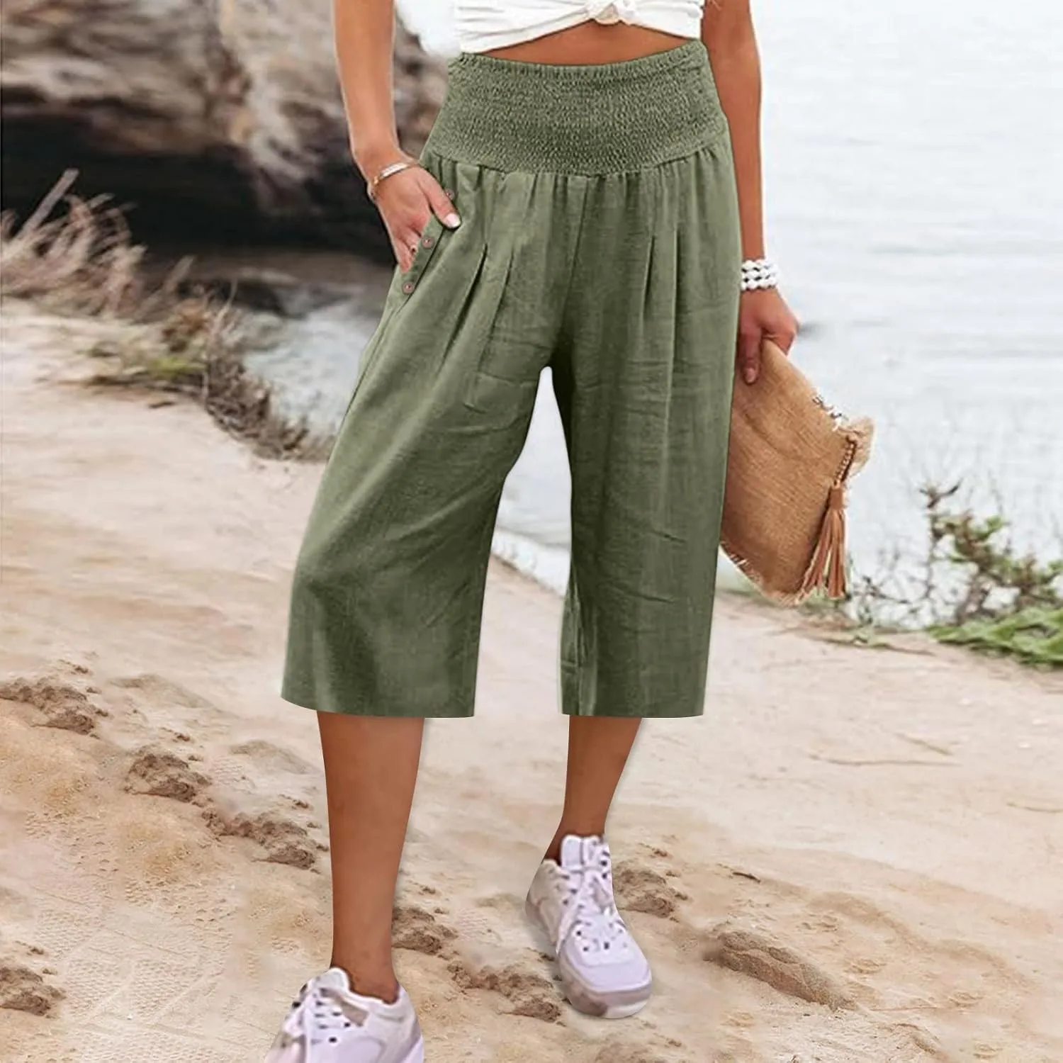 Capri Pants for Women, Wide Leg with Pockets High Waist Tummy Control