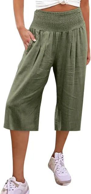 Capri Pants for Women, Wide Leg with Pockets High Waist Tummy Control
