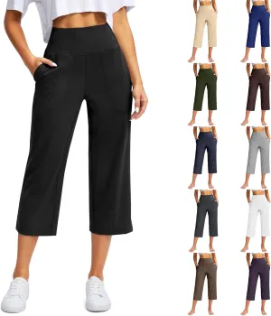 Capri Yoga Pants for Women Stretch High Waisted Wide Leg Pull on Capris Workout Athletic Work Pants with Pockets