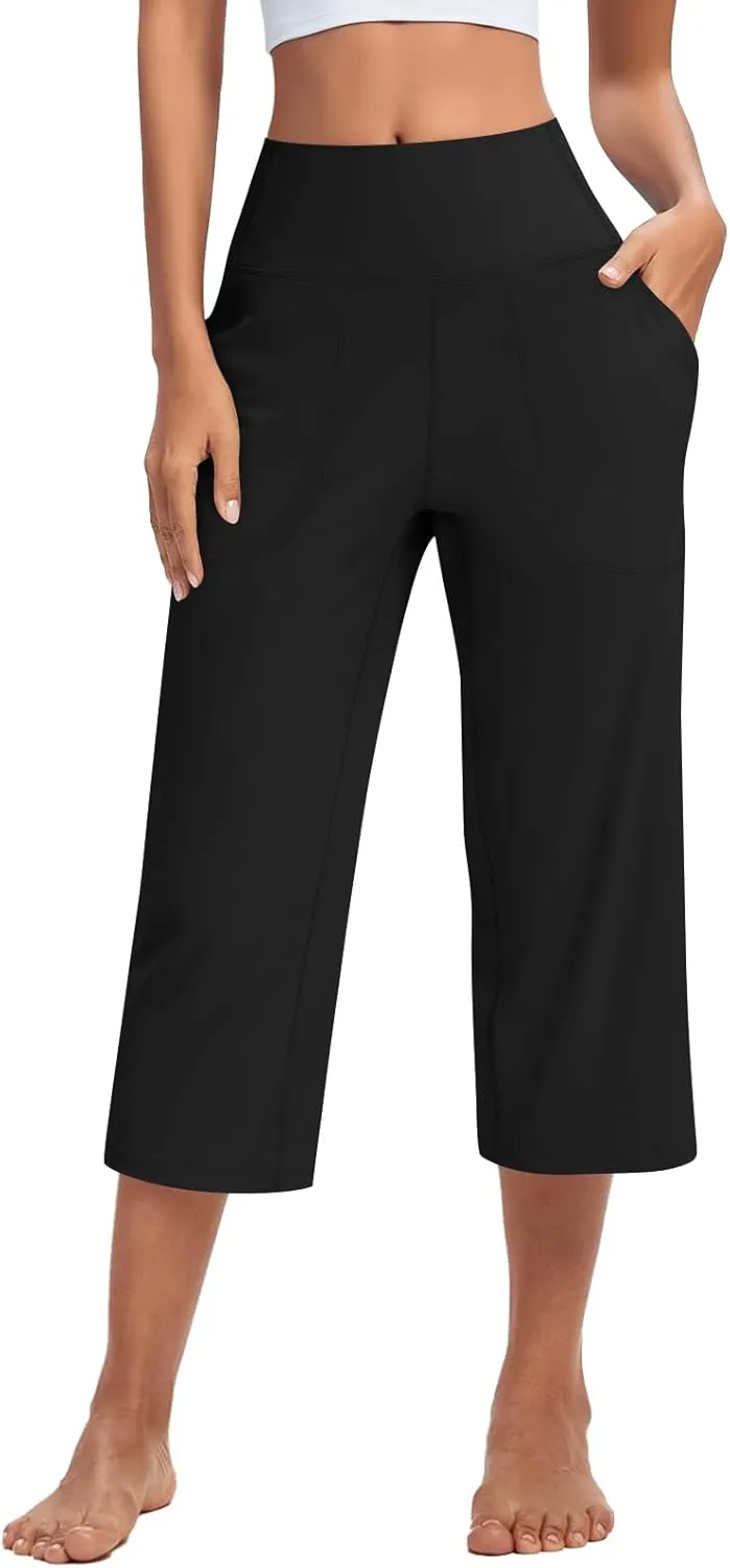 Capri Yoga Pants for Women Stretch High Waisted Wide Leg Pull on Capris Workout Athletic Work Pants with Pockets